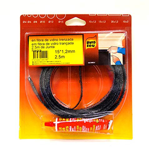 Pyrofeu Joint Plat pour Insert et Poêle Longueur 2,5m, 15x1,2mm - Excellente Étanchéité à l'Air - Résistance 500°C - Conforme aux Joints des Constructeurs - Inclus Colle Réfractaire Noire