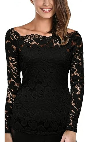 DJT Women's Lace Off-Shoulder Floral 7/8 Long Sleeve Top with Lining - Fitted Casual Blouse for Party Wedding Nightclub Black M
