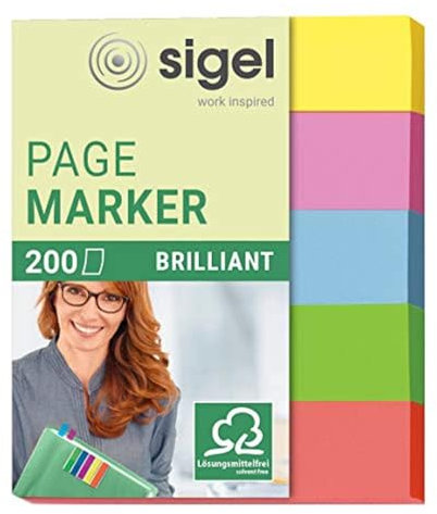 SIGEL HN625 Marcapáginas de papel adhesivos, funda de 200 tiras de 50 x 12 mm, 5 colores