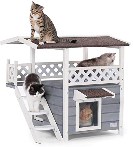 Petsfit Outdoor Cat House for Winter, Outdoor Cat House, with Scratch Board, 2 Story Design with Escape Door Perfect for Multi Cats, Outside Cat House Gray