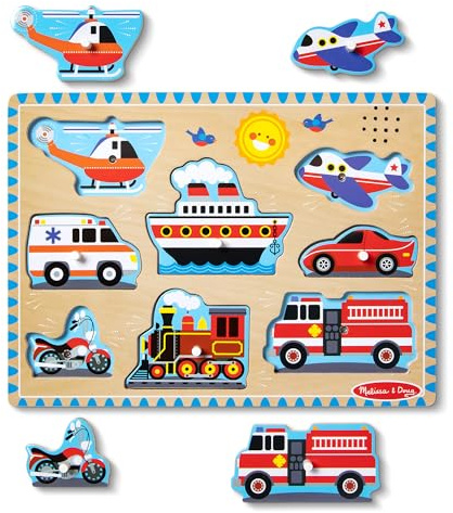 Melissa & Doug - Fahrzeuge Sound Puzzle, 8-teilig, Holzsteckpuzzle mit Soundeffekten, Für Kinder ab 2 Jahren