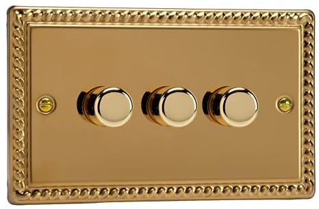 Varilight Georgian Brass, LED Dimmer Switch - V-Pro Series, 3 Gang (Double), 1 or 2 Way, 300 Watt (Trailing Edge)