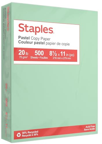 Staples 30% Recycled Color Copy Paper, 20 lbs., 8.5 x 11, Green, 500/Ream, For Office, School & Home