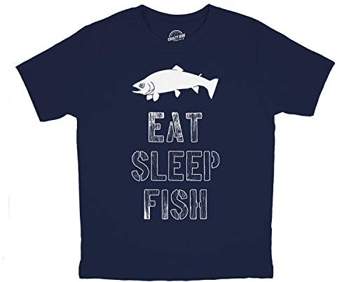 Youth Eat Sleep Fish T Shirt Funny Fishing Tee Cool Graphic Fun Crazy for Kids Funny Children's Apparel Cool Fishing Short Sleeve Novelty Tees for Kids Navy M