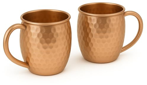 Modern Home Handmade 16oz Solid Copper Mule Mug – Barrel Shaped Mug with Copper Handle & Hammered Texture – Perfect for Moscow Mules or Party Favors (Set of 2)