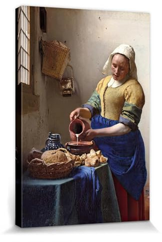 1art1 Johannes Vermeer Poster Impression sur Toile La Laitière, 1658-1660 Affiche Murale XXL Encadrée | Tendue sur Cadre en Bois | Tableau 30x20 cm