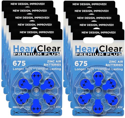 Hear Clear Size 675 PR44 1.45V Hearing Aid Batteries Blue Tab (60 Batteries)