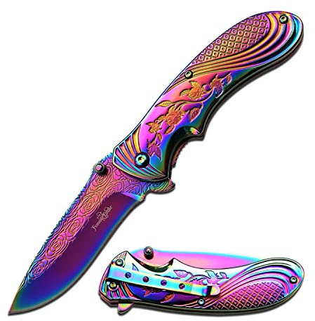 Femme Fatale – Spring Assisted Open Folding Pocket Knife – Rainbow TiNite Coated Stainless Steel Blade and Handle w/Stamped Rose Design and Pocket Clip, EDC, Self Defense – FF-A008RB