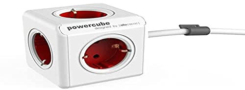 Allocacoc PowerCube Extended - Ladrón multiple y alargador de 1,5 m con 5 enchufes/tomas de corriente en forma de cubo, Rojo