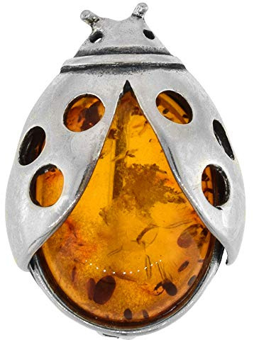 Sterling Silver Baltic Amber Ladybug Brooch Pin for Women Antiqued Finish Approx. 1 inch Wide