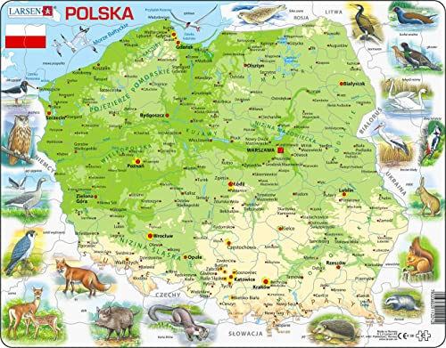 Larsen K98 Poland Physical Map Jigsaw Puzzle | 61 Pieces | Polish Edition | Educational Tray & Frame Puzzle for Kids
