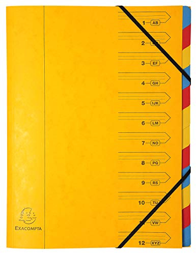 Exacompta 54129E Premium - Carpeta archivadora de cartón Colorspan extra fuerte DIN A4, 12 compartimentos de colores completos y 2 gomas elásticas con impresión organizativa, color amarillo
