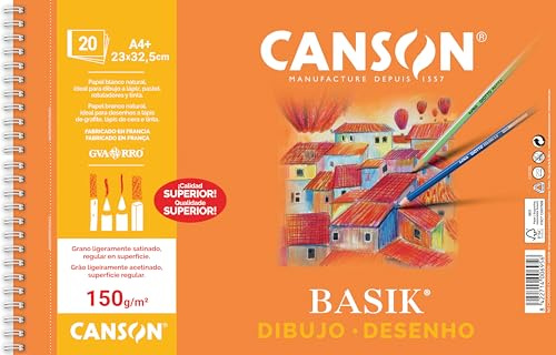 Canson Dibujo Basik, Papel de dibujo blanco, Grano fino, 150gsm, Espiralados sobre el lado corto, 23x32,5cm, Blanco natural, 20 Hojas