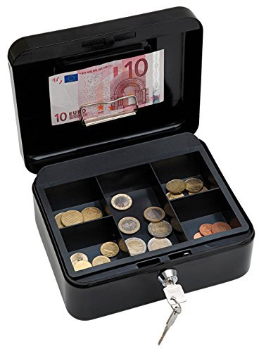 Wedo 145221H Geldkassette (aus pulverbeschichtetem Stahl, versenkbarer Griff, Geldnoten- und Belegeklammer, 5-Fächer-Münzeinsatz, Sicherheits-Zylinderschloss, 20 x 16 x 9 cm) schwarz
