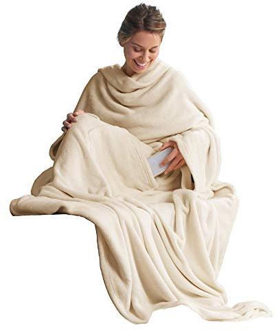 CelinaTex TV Decke Coperta soffice con Maniche Tasche Tasche per i Piedi Microfibra Pile Coral Coperta 170 x 200 cm Bianco Crema