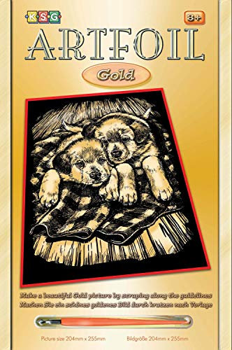 MAMMUT 8261032 - Artfoil, Kratzbild, Tiermotiv, Welpen, Hunde, gold, Komplettset mit Kratzbild, Kratzmesser und Anleitung, Scraper, Scratch, glänzend, Kratzset für Kinder ab 8 Jahre