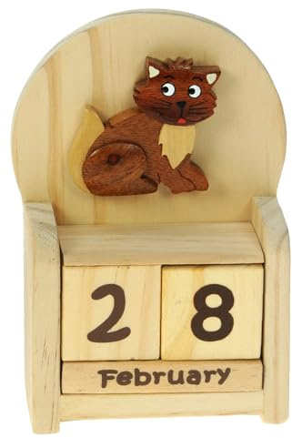 Namesakes® Calendrier perpétuel chat mignon : Idées cadeaux en bois pour hommes ou femmes : Calendrier de bureau avec date et blocs de mois : Avent animalier ou petite idée cadeau