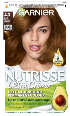 Garnier Nutrisse Ultra Crème Permanent Hair Dye, 4.3 Dark Golden Brown | Up to 100% Grey Coverage, Rich Long-Lasting 8-Week Colour, 5x Stonger, 2x Shiner Hair, No-Ammonia, Vegan Formula
