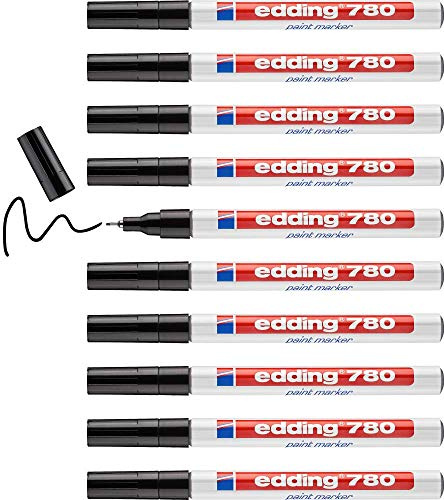 edding 780 paint marker - black - 10 pens - round tip 0.8 mm - paint marker for marking and labelling metal, glass, rocks or plastic - heat-resistant, permanent, smudge-proof and waterproof
