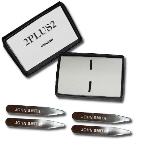 2PLUS2 2 Pairs of Engraved Shirt Collar Stiffeners Stays Bones Customised in Stainless Steel Personalised