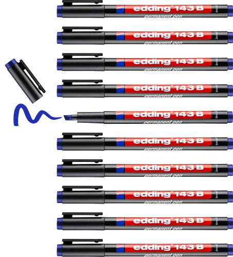 edding 143 B Permanenter Folienschreiber - blau - 10 Stifte - Keilspitze 1-3 mm - Stift zum Schreiben auf Glas, Kunststoff, Folien und glatten Oberflächen - schnelltrocknend, wisch- und wasserfest