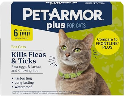 PetArmor Plus Flea and Tick Prevention for Cats over 1.5 lbs, Cat Flea and Tick Treatment, 6 Doses, Waterproof Topical, Fast Acting