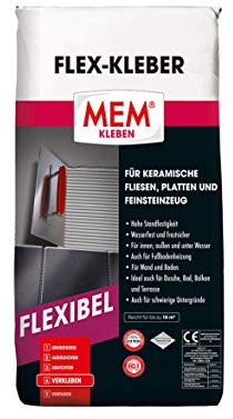 MEM Flex-Kleber - 25 KG - Ein flexibler Dünnbettmörtel - Dauernass - Frostbeständig und von hoher Verformbarkeit - Für Untergründe aus Beton, Zement-, Kalk- und Gipsputz - 30822618