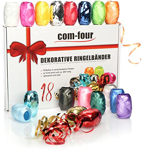 com-four® 18x Ringelband in bunten Farben - 20 m je Rolle - tolles Set Geschenkbänder in Geschenkverpackung - zum Basteln und Verpacken - Polyband für Schleifen und saisonale Deko (Dekorativ)
