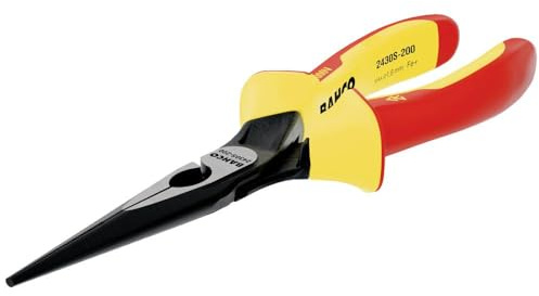 Bahco 2430S Ergo Insulated Long Nose Pliers | 200mm (8in) | 1000V Rated | Through blade transfers striking force | Metal cap | Hex bolster for torque | Heavy duty trade use