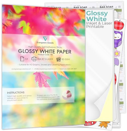 50 Sheets Glossy White Printable Sticker Paper A4 | Inkjet & Laser | Create & Print Your Own Stickers, Product Labels, Sticky Paper for Cricut