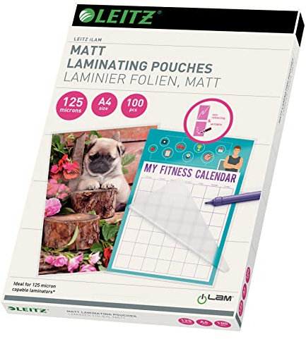 Leitz Heißlaminierfolien A4 Matt 125 mic, Hochwertige Laminierfolien im 100er Pack, zum Beschriften geeignet, für den Einsatz zu Hause oder im Büro, abgerundete Ecken, Transparent, 16926