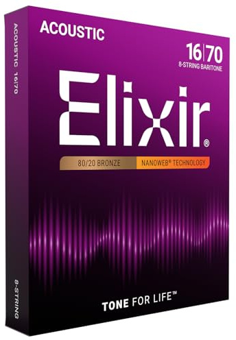 Elixir® Strängar 80/20 brons 8-strängar akustiska gitarrsträngar med NANOWEB®-beläggning, barytone (.016-.070)