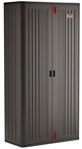 Suncast Commercial 4 Shelf Mega Tall Storage Cabinet, Lockable Garage Utility Shelving Unit, Heavy Duty Plastic Resin Organizer, Gray