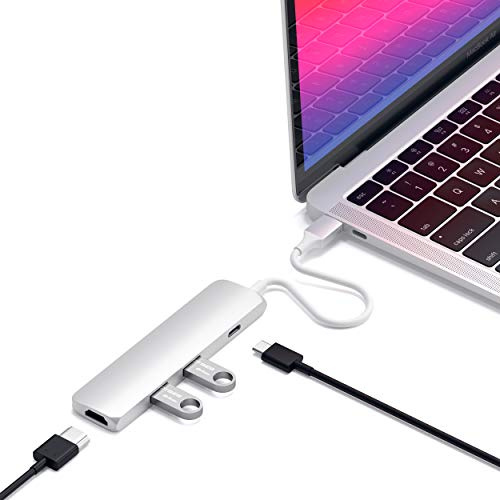 SATECHI 4 en 1 Hub USB C Slim Classic Adaptateur Multiport avec Charge PD 60W, HDMI 4K@60Hz et 2X Ports USB-A Données 10Gbps pour MacBook Air & Pro, PC Portable et Plus – Argent