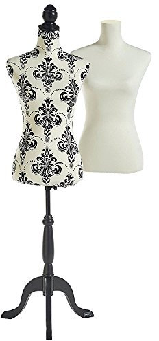 BTFY Mannequin Female - Dressmakers Tailors Dummy w/ 2 Removable Covers - UK Size 8/10 Decorative Dress Form Body w/ Adjustable Height - Seamstress Model for Shop Display - Plain White & Black Damask