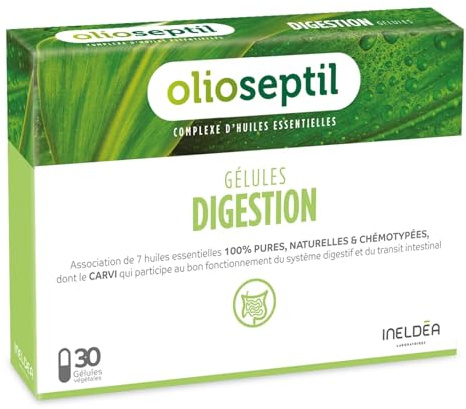 OLIOSEPTIL - Gélules Digestion - Favorise le Confort Digestif & Améliore le Transit - Réduit les Ballonnements - Complexe d'Huiles Essentielles 100% Pures et Naturelles - Sans Gluten - 30 Gélules
