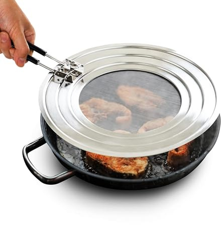Dishwasher-Safe Splatter Screen Guard for Frying Pan Grease - Shields 99% of Stove Top from Bacon, Fry Oil, or Deep Fryer Splash - Easy Kitchen Storage Foldable Heat-Resistant Silicone Handle