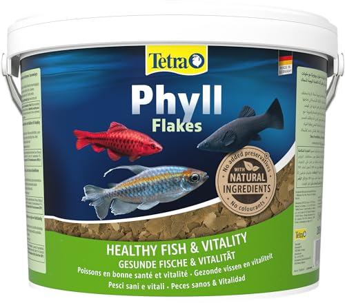 TetraPhyll Flakes – fiskfoder för alla växtätande prydnadsfiskar, flingfoder med viktiga fibrer, 10 liters hinkar