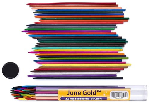 June Gold 36 Assorted Colored 2.0 mm Lead Refills, Bold & 90 mm Length, 36 Unique Colors, Pre-Sharpened, Break & Smudge Resistant
