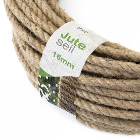 DQ-PP Cuerda DE Yute | Longitud 15m | Grosor 16mm | Cuerda de Fibra 100% Natural Marrón | Cuerdas Decorativas | Macramé | Accesorios de Jardin