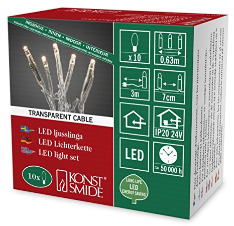 Konstsmide 6350-123 Micro LED-ljuskedja/för inomhus- (IP20)/24 V inomhustransformator, 10 varma vita dioder, transparent kabel