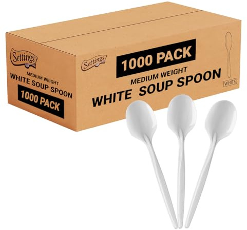 1000 Count Medium Weight White Plastic Soup Spoons Bulk Plastic Silverware For Parties, Weddings, Catering, Take out Single-Use Soup Spoon