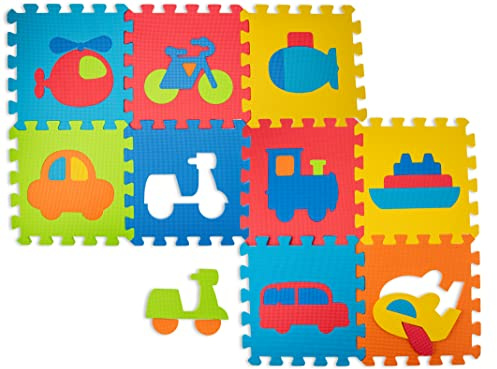 Teorema Giocattoli - Tappeto Puzzle Bambini con Veicoli Assortiti (9 Pezzi), Tappeto Gioco Bambini Morbido con Gomma EVA Atossica, Tappeto Neonato Educativo, Base Gioco Componibile 32x32cm
