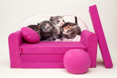 Pro Cosmo Canapé Convertible Enfant – Parfait pour Jouer et Dormir – avec Matelas Amovible, Coussin et Pouf – 98x168x59 cm – Léger et Facile à Plier – Couleur H6 Rose (Chatons)