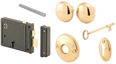 Prime-Line E 2478 Horizontal Trim Lock Set, 3-3/8 In. Backset, Black Housing w/Brass Plated Knobs (1 Set)