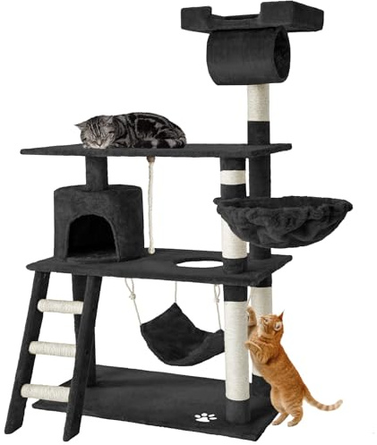 tectake Arbre à Chat Hauteur 141 cm Griffoir Maison Chat Interieur Jeux Appartement avec Grattoir Rampe Tunnel Panier Echelle Lit - Gris