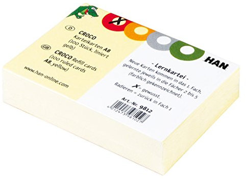 HAN Karteikarten CROCO – 10 PACKS à 100 STÜCK, Karteikarten A8 quer, farbig bedruckter, stabiler, gelber Karton mit vier bunten Kreisen zum Ankreuzen, Farbe gelb, 9812