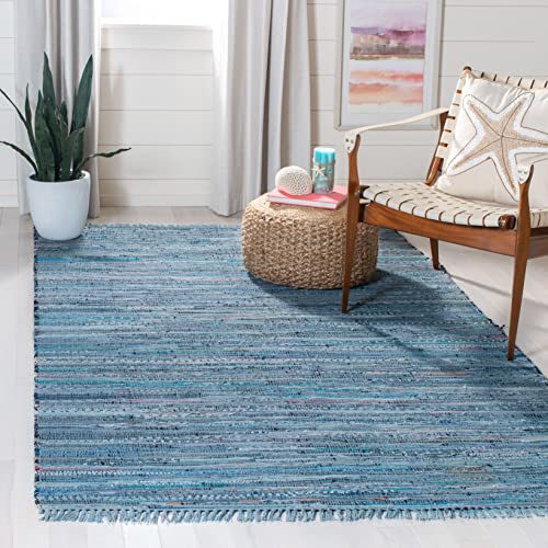 SAFAVIEH Rag Rug Collection Area Rug - 5' x 8', Blue & Multi, Handmade Boho Stripe Cotton, Ideal for High Traffic Areas in Living Room, Bedroom (RAR127B)