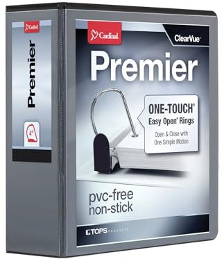 Cardinal 3 Ring Binder, Binders for School and Office, Durable 4 Inch Premier Easy Open Binder, ONE-Touch Locking Slant-D Rings, 880-Sheet Capacity, ClearVue Cover, PVC-Free, Black (10341)