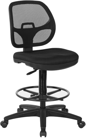 Office Star DC Series Deluxe Breathable Mesh Back Ergonomic Drafting Chair with Lumbar Support and Adjustable Footring, Black Fabric
